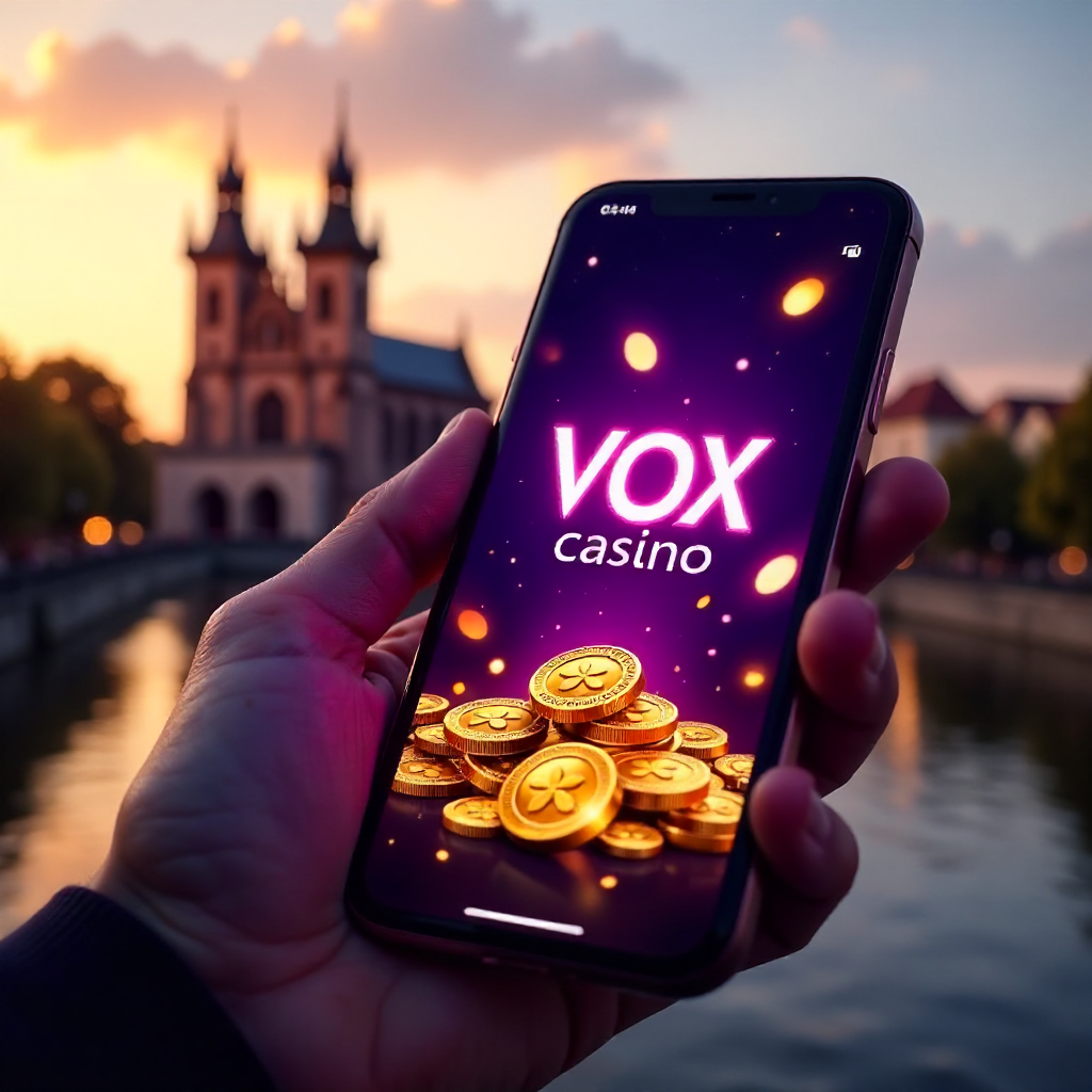 A hand holding a premium smartphone showing Vox Casino app, background featuring the Wawel Royal Castle in Krakow at golden hour, official brand neon purple and deep black colors, 3D golden coins and neon slot symbols flying out of the screen, hyper-reali